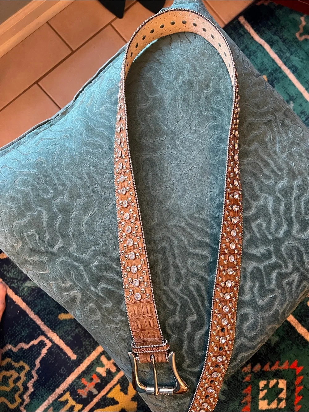 Guess Brown Crystal-Embellished Leather Belt with Silver Buckle